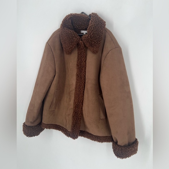 Reformation Talli Shearling Faux Suede Fur Jacket In Chocolate Brown - Picture 3 of 10